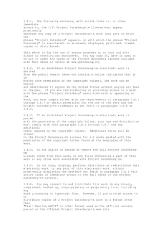 1.E.1. The following sentence, with active links to, or other
immediate
access to, the full Project Gutenberg-tm License must appear
prominently
whenever any copy of a Project Gutenberg-tm work (any work on which
the
phrase "Project Gutenberg" appears, or with which the phrase "Project
Gutenberg" is associated) is accessed, displayed, performed, viewed,
copied or distributed:
This eBook is for the use of anyone anywhere at no cost and with
almost no restrictions whatsoever. You may copy it, give it away or
re-use it under the terms of the Project Gutenberg License included
with this eBook or online at www.gutenberg.org
1.E.2. If an individual Project Gutenberg-tm electronic work is
derived
from the public domain (does not contain a notice indicating that it
is
posted with permission of the copyright holder), the work can be
copied
and distributed to anyone in the United States without paying any fees
or charges. If you are redistributing or providing access to a work
with the phrase "Project Gutenberg" associated with or appearing on
the
work, you must comply either with the requirements of paragraphs 1.E.1
through 1.E.7 or obtain permission for the use of the work and the
Project Gutenberg-tm trademark as set forth in paragraphs 1.E.8 or
1.E.9.
1.E.3. If an individual Project Gutenberg-tm electronic work is
posted
with the permission of the copyright holder, your use and distribution
must comply with both paragraphs 1.E.1 through 1.E.7 and any
additional
terms imposed by the copyright holder. Additional terms will be
linked
to the Project Gutenberg-tm License for all works posted with the
permission of the copyright holder found at the beginning of this
work.
1.E.4. Do not unlink or detach or remove the full Project Gutenberg-
tm
License terms from this work, or any files containing a part of this
work or any other work associated with Project Gutenberg-tm.
1.E.5. Do not copy, display, perform, distribute or redistribute this
electronic work, or any part of this electronic work, without
prominently displaying the sentence set forth in paragraph 1.E.1 with
active links or immediate access to the full terms of the Project
Gutenberg-tm License.
1.E.6. You may convert to and distribute this work in any binary,
compressed, marked up, nonproprietary or proprietary form, including
any
word processing or hypertext form. However, if you provide access to
or
distribute copies of a Project Gutenberg-tm work in a format other
than
"Plain Vanilla ASCII" or other format used in the official version
posted on the official Project Gutenberg-tm web site
 