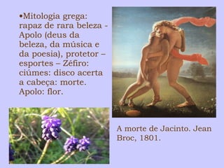 •Mitologia grega: 
rapaz de rara beleza - 
Apolo (deus da 
beleza, da música e 
da poesia), protetor – 
esportes – Zéfiro: 
ciúmes: disco acerta 
a cabeça: morte. 
Apolo: flor. 
A morte de Jacinto. Jean 
Broc, 1801. 
 