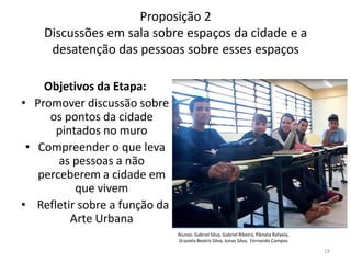 Proposição 2
Discussões em sala sobre espaços da cidade e a
desatenção das pessoas sobre esses espaços
Objetivos da Etapa:
• Promover discussão sobre
os pontos da cidade
pintados no muro
• Compreender o que leva
as pessoas a não
perceberem a cidade em
que vivem
• Refletir sobre a função da
Arte Urbana
Alunos: Gabriel Silva, Gabriel Ribeiro, Pâmela Rafaela,
Graziela Beatriz Silva, Jonas Silva, Fernando Campos

19

 