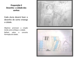 Proposição 3
Desenho : a cidade dos
sonhos
Cada aluno deverá fazer o
desenho de como enxerga
a cidade.
Objetivo: promover a criação
tendo como enfoque a cidade.
Refletir
sobre
o
conceito
formação da cidade .

20

 