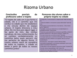 Rizoma Urbano
Conclusões
parciais
professora sobre o trajeto

da

“O trajeto de cada um é que forma a
cidade, ele é o caminho que me
conduz na cidade que me estabelece
e me vincula dentro do espaço
urbano. O trajeto direciona o meu
olhar. Ele me leva para algum lugar, e
faz parte de mim, das minhas
narrativas, do meu conhecimento. Eu
só conheço verdadeiramente os
caminhos pelos quais percorri, ele
me pertence de alguma forma. O
rizoma urbano nasce da somatória
de todos os trajetos, a cidade só
existe a partir de todos os nossos
caminhos juntos”

Pareceres dos alunos sobre o
próprio trajeto na cidade
“O sangue flui, o vento assopra e a cidade acorda” Mike Dornellas
2ºC
“ O fluxo da cidade e o nervosismo= passos demorados” Sarah de
Lima
“No Ferradura: A enxurrada levou o meu barraco... Óia os home
porra!” Rafael 2ºC
“Na cidade, os sons e os sinais da rua, o coração dispara e a
ansiedade aumenta” Paula Larissa
“Do barraco, passo pela Delírios e atravesso o pontilhão, a Febem é
pertinho: pimenta no c* dos outros é refresco!” Hudson 2ºC
“Em casa a chuva caiu e eu entrei no barril” Reinaldo
“Um longo trajeto para o caminho da felicidade” João Vitor Oliveira
“Na loja eu vou estar, dinheiro eu vou gastar, feliz eu vou ficar”
Graziela Beatriz
“Na vida passa...nesse lugar eu passei” Mariana Vilela
“No trânsito insuportável, a um caminho sustentável, rumo a uma
cidade insustentável” Gabriel Bozza
“A vida passa e nós nem notamos o que tem ao redor” Graziele 2ºA
“Na vida, mesmo impossibilitado...feliz” Islane 1ºA
“Cada dia uma nova oportunidade, um jeito novo e diferente para
começar de novo” Bárbara Fernanda

26

 