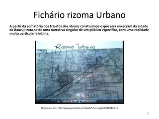 Fichário rizoma Urbano
A partir da somatória dos trajetos dos alunos construímos o que eles enxergam da cidade
de Bauru; trata-se de uma narrativa singular de um público específico, com uma realidade
muito particular e íntima.

Disponível em: http://www.youtube.com/watch?v=v-6gqL0N820&hd=1
27

 
