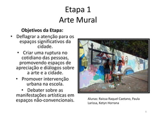 Etapa 1
Arte Mural
Objetivos da Etapa:
• Deflagrar a atenção para os
espaços significativos da
cidade.
• Criar uma ruptura no
cotidiano das pessoas,
promovendo espaços de
apreciação e diálogos sobre
a arte e a cidade.
• Promover intervenção
urbana na escola.
• Debater sobre as
manifestações artísticas em
espaços não-convencionais.

Alunas: Raissa Raquel Caetano, Paula
Larissa, Ketyn Horrana
6

 