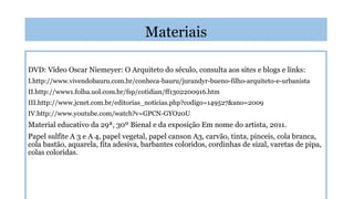 Materiais
DVD: Vídeo Oscar Niemeyer: O Arquiteto do século, consulta aos sites e blogs e links:
I.http://www.vivendobauru.com.br/conheca-bauru/jurandyr-bueno-filho-arquiteto-e-urbanista
II.http://www1.folha.uol.com.br/fsp/cotidian/ff1302200916.htm
III.http://www.jcnet.com.br/editorias_noticias.php?codigo=149527&ano=2009
IV.http://www.youtube.com/watch?v=GPCN-GYO20U

Material educativo da 29ª, 30º Bienal e da exposição Em nome do artista, 2011.
Papel sulfite A 3 e A 4, papel vegetal, papel canson A3, carvão, tinta, pinceis, cola branca,
cola bastão, aquarela, fita adesiva, barbantes coloridos, cordinhas de sizal, varetas de pipa,
colas coloridas.

 