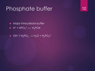 Phosphate buffer
 Major intracellular buffer
 H+ + HPO4
2- ↔ H2PO4-
 OH- + H2PO4
- ↔ H2O + H2PO4
2-
12
 