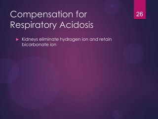 Compensation for
Respiratory Acidosis
 Kidneys eliminate hydrogen ion and retain
bicarbonate ion
26
 