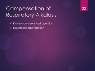 Compensation of
Respiratory Alkalosis
 Kidneys conserve hydrogen ion
 Excrete bicarbonate ion
32
 