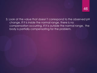 3. Look at the value that doesn’t correspond to the observed pH
change. If it is inside the normal range, there is no
compensation occurring. If it is outside the normal range, the
body is partially compensating for the problem.
46
 