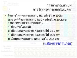 การคำานวณหา pH
การไทเทรตกรดแก่กับเบสแก่
• ในการไทเทรตสารละลาย HCl เข้มข้น 0.100M
25.0 cm3
ด้วยสารละลาย NaOH เข้มข้น 0.100M จง
คำานวณหา pH ของสารละลาย
ก) ก่อนการไทเทรต
ข) เมื่อหยดสารละลาย NaOH ลงไป 24.5 cm3
ค) เมื่อหยดสารละลาย NaOH ลงไป 25.0 cm3
ง) เมื่อหยดสารละลาย NaOH ลงไป 25.5 cm3
(แสดงการคำานวณ)
 