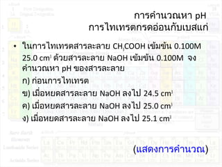 การคำานวณหา pH
การไทเทรตกรดอ่อนกับเบสแก่
• ในการไทเทรตสารละลาย CH3COOH เข้มข้น 0.100M
25.0 cm3
ด้วยสารละลาย NaOH เข้มข้น 0.100M จง
คำานวณหา pH ของสารละลาย
ก) ก่อนการไทเทรต
ข) เมื่อหยดสารละลาย NaOH ลงไป 24.5 cm3
ค) เมื่อหยดสารละลาย NaOH ลงไป 25.0 cm3
ง) เมื่อหยดสารละลาย NaOH ลงไป 25.1 cm3
(แสดงการคำานวณ)
 