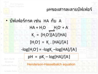 pHของสารละลายบัฟเฟอร์
• บัฟเฟอร์กรด เช่น HA กับ A-
HA + H2O H3O+
+ A-
Ka = [H3O+
][A-
]/[HA]
[H3O+
] = Ka . [HA]/[A-
]
-log[H3O+
] = -logKa –log[HA]/[A-
]
pH = pKa – log[HA]/[A-
]
Henderson-Hasselbalch equation
 