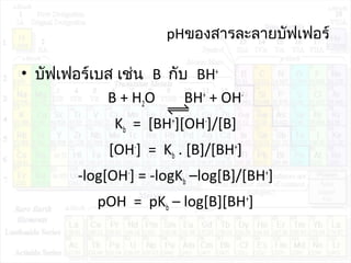 pHของสารละลายบัฟเฟอร์
• บัฟเฟอร์เบส เช่น B กับ BH+
B + H2O BH+
+ OH-
Kb = [BH+
][OH-
]/[B]
[OH-
] = Kb . [B]/[BH+
]
-log[OH-
] = -logKb –log[B]/[BH+
]
pOH = pKb – log[B][BH+
]
 