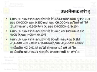 ลองคิดลองทำาดู
• จงหา pH ของสารละลายบัฟเฟอร์ซึ่งเกิดจากการเติม 0.350 mol
ของ CH3COOH และ 0.350 mol ของ CH3COONa ลงในนำ้าทำาให้
เป็นสารละลาย 0.600 ลิตร (Ka ของ CH3COOH=1.8x10-5
)
• จงหา pH ของสารละลายบัฟเฟอร์ซึ่งมี 0.4M HCl และ 0.2M
NaCN (Kaของ HCN=4.0x10-10
)
• จงหา pH ของสารละลายบัฟเฟอร์ซึ่งประกอบด้วย 0.1M
CH3COOH และ 0.08M CH3COONa(KaของCH3COOH=1.8x10-5
ก) เมื่อเติม HCl 0.01 M ลงไป สารละลายมี pH เท่าใด
ข) เมื่อเติม NaOH 0.01 M ลงไป สารละลายมี pH เท่าใด
 