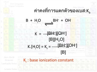 ค่าคงที่การแตกตัวของเบส:Kb
B + H2O BH+
+ OH-
K = --------------
K.[H2O] = Kb = -------------
Kb : base ionization constant
[BH+
][OH-
]
[B][H2O]
[BH+
][OH-
]
[B]
 