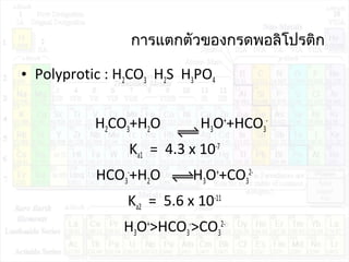 การแตกตัวของกรดพอลิโปรติก
• Polyprotic : H2CO3 H2S H3PO4
H2CO3+H2O H3O+
+HCO3
-
Ka1 = 4.3 x 10-7
HCO3
-
+H2O H3O+
+CO3
2-
Ka2 = 5.6 x 10-11
H3O+
>HCO3
-
>CO3
2-
 