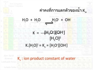 ค่าคงที่การแตกตัวของนำ้า:Kw
H2O + H2O H3O+
+ OH-
K = ---------------
K.[H2O]2
= Kw = [H3O+
][OH-
]
Kw : ion product constant of water
[H3O+
][OH-
]
[H2O]2
 