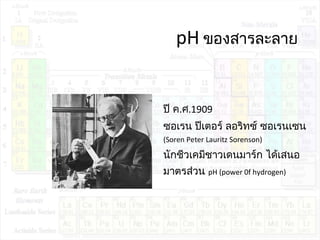 pH ของสารละลาย
ปี ค.ศ.1909
ซอเรน ปีเตอร์ ลอริทซ์ ซอเรนเซน
(Soren Peter Lauritz Sorenson)
นักชีวเคมีชาวเดนมาร์ก ได้เสนอ
มาตรส่วน pH (power 0f hydrogen)
 