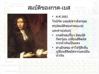 สมบัติของกรด-เบส
• ค.ศ.1661
โรเบิร์ต บอยล์(ชาวอังกฤษ)
สรุปสมบัติของกรด(acid)
และด่าง(alkali)
• กรดมีรสเปรี้ยว มีสมบัติ
กัดกร่อน เปลี่ยนสีลิตมัส
จากนำ้าเงินเป็นแดง
• ด่างมีรสขม ทำาให้รู้สึกลื่น
เปลี่ยนสีลิตมัสจากแดงเป็น
นำ้าเงิน
 