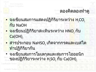 ลองคิดลองทำำดู
• จงเขียนสมกำรแสดงปฏิกิริยำระหว่ำง H2CO3
กับ NaOH
• จงเขียนปฏิกิริยำสะเทินระหว่ำง HNO3 กับ
Ca(OH)2
• สำรประกอบ NaHSO4 เกิดจำกกรดและเบสใด
ทำำปฏิกิริยำกัน
• จงเขียนสมกำรโมเลกุลและสมกำรไอออนิก
ของปฏิกิริยำระหว่ำง H2SO4 กับ Ca(OH)2
 