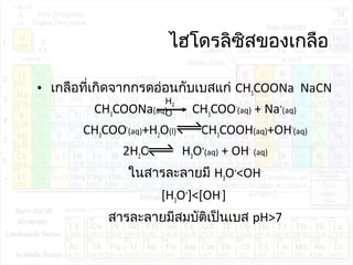 ไฮโดรลิซิสของเกลือ
• เกลือที่เกิดจำกกรดอ่อนกับเบสแก่ CH3COONa NaCN
CH3COONa(aq) CH3COO-
(aq) + Na+
(aq)
CH3COO-
(aq)+H2O(l) CH3COOH(aq)+OH-
(aq)
2H2O(l) H3O+
(aq) + OH-
(aq)
ในสำรละลำยมี H3O+
<OH-
[H3O+
]<[OH-
]
สำรละลำยมีสมบัติเป็นเบส pH>7
H2
O
 