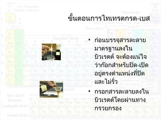 ขั้นตอนกำรไทเทรตกรด-เบส
• ก่อนบรรจุสำรละลำย
มำตรฐำนลงใน
บิวเรตต์ จะต้องแน่ใจ
ว่ำก๊อกสำำหรับปิด-เปิด
อยู่ตรงตำำแหน่งที่ปิด
และไม่รั่ว
• กรอกสำรละลำยลงใน
บิวเรตต์โดยผ่ำนทำง
กรวยกรอง
 