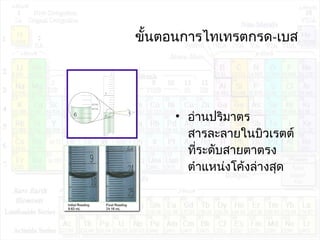 ขั้นตอนกำรไทเทรตกรด-เบส
• อ่ำนปริมำตร
สำรละลำยในบิวเรตต์
ที่ระดับสำยตำตรง
ตำำแหน่งโค้งล่ำงสุด
 
