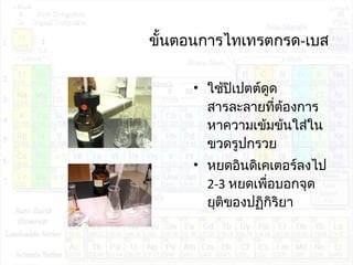 ขั้นตอนกำรไทเทรตกรด-เบส
• ใช้ปิเปตต์ดูด
สำรละลำยที่ต้องกำร
หำควำมเข้มข้นใส่ใน
ขวดรูปกรวย
• หยดอินดิเคเตอร์ลงไป
2-3 หยดเพื่อบอกจุด
ยุติของปฏิกิริยำ
 