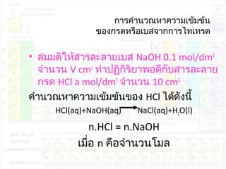 กำรคำำนวณหำควำมเข้มข้น
ของกรดหรือเบสจำกกำรไทเทรต
• สมมติให้สำรละลำยเบส NaOH 0.1 mol/dm3
จำำนวน V cm3
ทำำปฏิกิริยำพอดีกับสำรละลำย
กรด HCl a mol/dm3
จำำนวน 10 cm3
คำำนวณหำควำมเข้มข้นของ HCl ได้ดังนี้
HCl(aq)+NaOH(aq) NaCl(aq)+H2O(l)
n.HCl = n.NaOH
เมื่อ n คือจำำนวนโมล
 