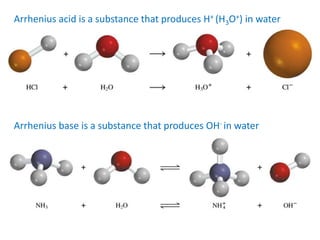 Arrhenius acid is a substance that produces H+ (H3O+) in water
Arrhenius base is a substance that produces OH- in water
 