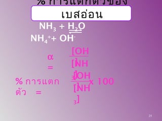 α
=
[OH
-
][NH
3]
% การแตก
ตัว =
x 100
[OH
-
][NH
3]
% การแตกตัวของ
เบสอ่อน
NH3 + H2O
NH4
+
+ OH-
25
 