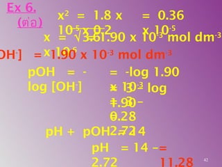 pOH = -
log [OH-
]
Ex 6.
(ต่อ)
x2
= 1.8 x
10-5
x 0.2
= 1.90 x 10-3
mol dm-3
x = √3.6
x 10-6
= 0.36
x 10-5
OH-
] = 1.90 x 10-3
mol dm-3
= -log 1.90
x 10-3
= 3 – log
1.90= 3 –
0.28=
2.72pH + pOH = 14
pH = 14 –
2.72
=
11.28 42
 