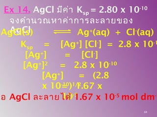 Ex 14. AgCl มีค่า Ksp = 2.80 x 10-10
จงคำานวณหาค่าการละลายของ
AgClAgCl(s) Ag+
(aq) + Cl-
(aq)
Ksp = [Ag+
] [Cl-
] = 2.8 x 10-1
[Ag+
] = [Cl-
]
[Ag+
]2
= 2.8 x 10-10
[Ag+
] = (2.8
x 10-10
)1/2
= 1.67 x
10-5
ลือ AgCl ละลายได้ 1.67 x 10-5
mol dm-3
68
 