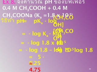 วิธีทำา
[CH3CO
OH]
[CH3CO
O-
]
pH= pKa - log
(0.
4)
(0.
4)
= - log Ka - log
= - log 1.8 x 10-5
= - log 1.8 – log 10-5
= 5 -
0.25
Ex 8. จงคำานวณ pH ของบัฟเฟอร์
0.4 M CH3COOH + 0.4 M
CH3COONa (Ka =1.8 x 10-5)
= 5 - log 1.8
=
4.75 88
 