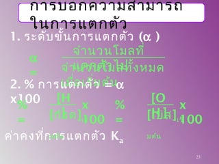 การบอกความสามารถ
ในการแตกตัว
1. ระดับขั้นการแตกตัว (α )
23
α
=
จำานวนโมลที่
แตกตัวไปจำานวนโมลทั้งหมด
เมื่อเริ่มต้น2. % การแตกตัว = α
x100
ค่าคงที่การแตกตัว Ka
%
=
[H
+
][กรด]เริ่
มต้น
x
100
%
=
[O
H-
][เบส]เริ่
มต้น
x
100
 