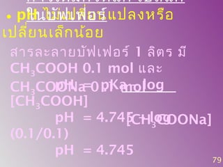 • pH ไม่เปลี่ยนแปลงหรือ
เปลี่ยนเล็กน้อย
สารละลายบัฟเฟอร์ 1 ลิตร มี
CH3COOH 0.1 mol และ
CH3COONa 0 .1 mol
79
การเติมกรดแก่-เบสแก่
ในบัฟเฟอร์
pH = pKa – log
[CH3COOH]
[CH3COONa]pH = 4.745 – log
(0.1/0.1)
pH = 4.745
 