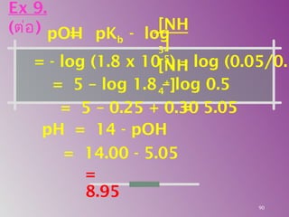= 5 – 0.25 + 0.30
=
8.95
90
pH = 14 - pOH
= 14.00 - 5.05
= - log (1.8 x 10-5
) – log (0.05/0.1
pOH= pKb - log
[NH
3]
[NH
4
+
]= 5 – log 1.8 – log 0.5
= 5.05
Ex 9.
(ต่อ)
 