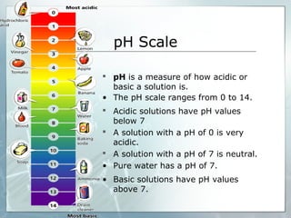 pH Scale
 pH is a measure of how acidic or
basic a solution is.
• The pH scale ranges from 0 to 14.
 Acidic solutions have pH values
below 7
 A solution with a pH of 0 is very
acidic.
 A solution with a pH of 7 is neutral.
• Pure water has a pH of 7.
• Basic solutions have pH values
above 7.
 