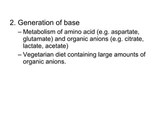 2. Generation of base Metabolism of amino acid (e.g. aspartate, glutamate) and organic anions (e.g. citrate, lactate, acetate) Vegetarian diet containing large amounts of organic anions. 
