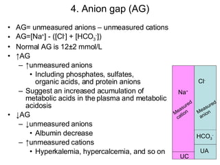4. Anion gap (AG) AG= unmeasured anions – unmeasured cations AG=[Na + ] - ([Cl - ] + [HCO 3 - ]) Normal AG is 12±2 mmol/L ↑ AG ↑ unmeasured anions Including phosphates, sulfates,  organic acids, and protein anions Suggest an increased acumulation of metabolic acids in the plasma and metabolic acidosis ↓ AG ↓ unmeasured anions Albumin decrease ↑ unmeasured cations Hyperkalemia, hypercalcemia, and so on Na + Cl - HCO 3 - UA UC Measured cation Measured anion 