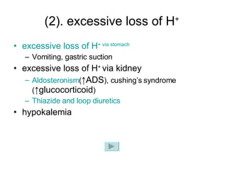(2). excessive loss of H +   excessive loss of H +  via stomach Vomiting, gastric suction excessive loss of H +  via kidney Aldosteronism ( ↑ADS ), cushing’s syndrome ( ↑glucocorticoid ) Thiazide  and loop diuretics hypokalemia 