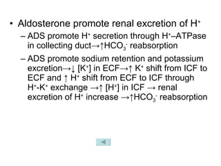 Aldosterone promote renal excretion of H + ADS promote H +  secretion through H + –ATPase in collecting duct->↑HCO 3 -  reabsorption ADS promote sodium retention and potassium excretion->↓ [K + ] in ECF->↑ K +  shift from ICF to ECF and ↑ H +  shift from ECF to ICF through H + -K +  exchange ->↑ [H + ] in ICF -> renal excretion of H +  increase ->↑HCO 3 -  reabsorption 