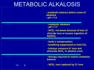 METABOLIC ALKALOSIS - metabolic balance before onset of alkalosis - pH = 7.4 metabolic alkalosis pH = 7.7 - HCO 3 -  increases because of loss of chloride ions or excess ingestion of NaHCO 3 - body’s compensation - breathing suppressed to hold CO 2 - kidneys conserve H +  ions and eliminate HCO 3 -  in alkaline urine - therapy required to restore metabolic balance - HCO 3 -  ions replaced by Cl -  ions 1.25 25 