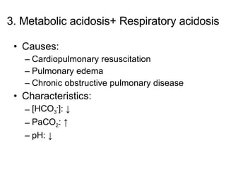 3. Metabolic acidosis+ Respiratory acidosis Causes: Cardiopulmonary resuscitation Pulmonary edema Chronic obstructive pulmonary disease Characteristics: [HCO 3 - ]: ↓ PaCO 2 : ↑ pH: ↓ 