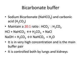 Bicarbonate buffer
• Sodium Bicarbonate (NaHCO3) and carbonic
acid (H2CO3)
• Maintain a 20:1 ratio : HCO3
- : H2CO3
HCl + NaHCO3 ↔ H2CO3 + NaCl
NaOH + H2CO3 ↔ NaHCO3 + H2O
• It is in very high concentration and is the main
buffer pair
• It is controlled both by lungs and kidneys
 