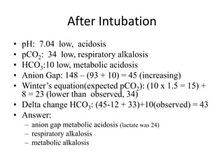 After Intubation
• pH: 7.04 low, acidosis
• pCO2: 34 low, respiratory alkalosis
• HCO3:10 low, metabolic acidosis
• Anion Gap: 148 – (93 + 10) = 45 (increasing)
• Winter’s equation(expected pCO2): (10 x 1.5 = 15) +
8 = 23 (lower than observed, 34)
• Delta change HCO3: (45-12 + 33)+10(observed) = 43
• Answer:
– anion gap metabolic acidosis (lactate was 24)
– respiratory alkalosis
– metabolic alkalosis
 