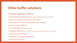 Other buffer solutions
• Mentioned inAppendix 13.1 of IP. Eg.
• Acetate buffer solution pH 2.8; 3.4; 3.5; 3.7; 4.0; 4.6; 4.7; 5.0; 5.5; 6.0
• Acetic acid – ammonium acetate buffer solution
• Acetic acid – ammonium acetate buffer pH 3.7 ethanolic
• Acetone solution buffered
• Ammonia buffer pH 9.5; 10.0; 10.9;
• Phosphate buffer pH 2.0; 2.5; 3.6; 4.0; 4.9; 5.0; 5.5; 6.5; 6.8; 7.0; 7.5; 8.0
• Saline, phosphate buffered
• Saline pH 6.4; 7.4 phosphate buffered
• Carbonate buffer pH 9.7
 