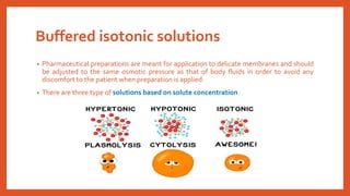 Buffered isotonic solutions
• Pharmaceutical preparations are meant for application to delicate membranes and should
be adjusted to the same osmotic pressure as that of body fluids in order to avoid any
discomfort to the patient when preparation is applied.
• There are three type of solutions based on solute concentration.
 