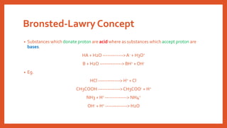 Bronsted-Lawry Concept
• Substances which donate proton are acid where as substances which accept proton are
bases.
HA + H2O ------------->A- + H3O+
B + H2O --------------> BH+ + OH-
• Eg.
HCl --------------> H+ + Cl-
CH3COOH -------------->CH3COO- + H+
NH3 + H+ --------------> NH4+
OH- + H+ --------------> H2O
 