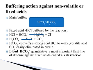 Main buffer:
Fixed acid -HCl buffered by the reaction :
HCl + HCO3
-
H2
CO3
+ Cl-
H2
CO3
H2
O + CO2
HCO3
⁻
converts a strong acid HCl to weak ,volatile acid
CO2 ,
easily eliminated in breath.
Blood HCO3
-
quantitatively most important first line
of defense against fixed acids-called alkali reserve
Buffering action against non-volatile or
fixed acids
HCO3
-
/H2
CO3
 