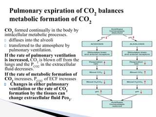 CO2
formed continually in the body by
intracellular metabolic processes.
diffuses into the alveoli
transferred to the atmosphere by
pulmonary ventilation.
If the rate of pulmonary ventilation
is increased, CO2
is blown off from the
lungs and the PCO2
in the extracellular
fluid decreases.
If the rate of metabolic formation of
CO2
increases, PCO2
of ECF increases
Changes in either pulmonary
ventilation or the rate of CO2
formation by the tissues can
change extracellular fluid Pco2
.
Pulmonary expiration of CO2
balances
metabolic formation of CO2
 